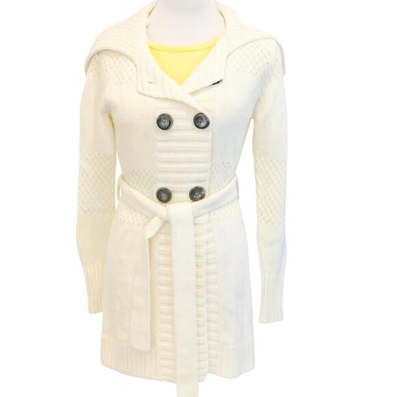 Ann Taylor Belted Chunky Cardigan Winter White Size Medium - Picture 1 of 9